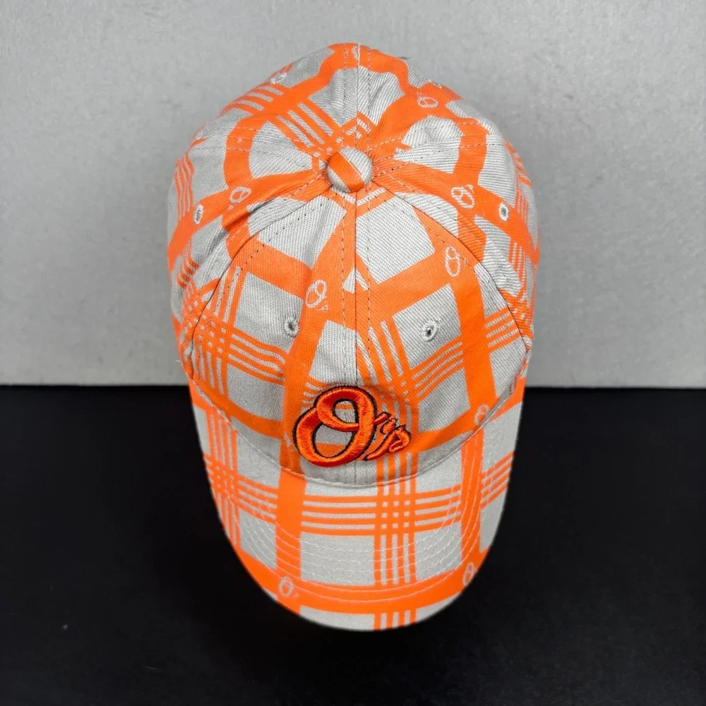 Baltimore Orioles MLB Baseball Cap Hat Gray Orange Plaid Unisex OSFM Stretch